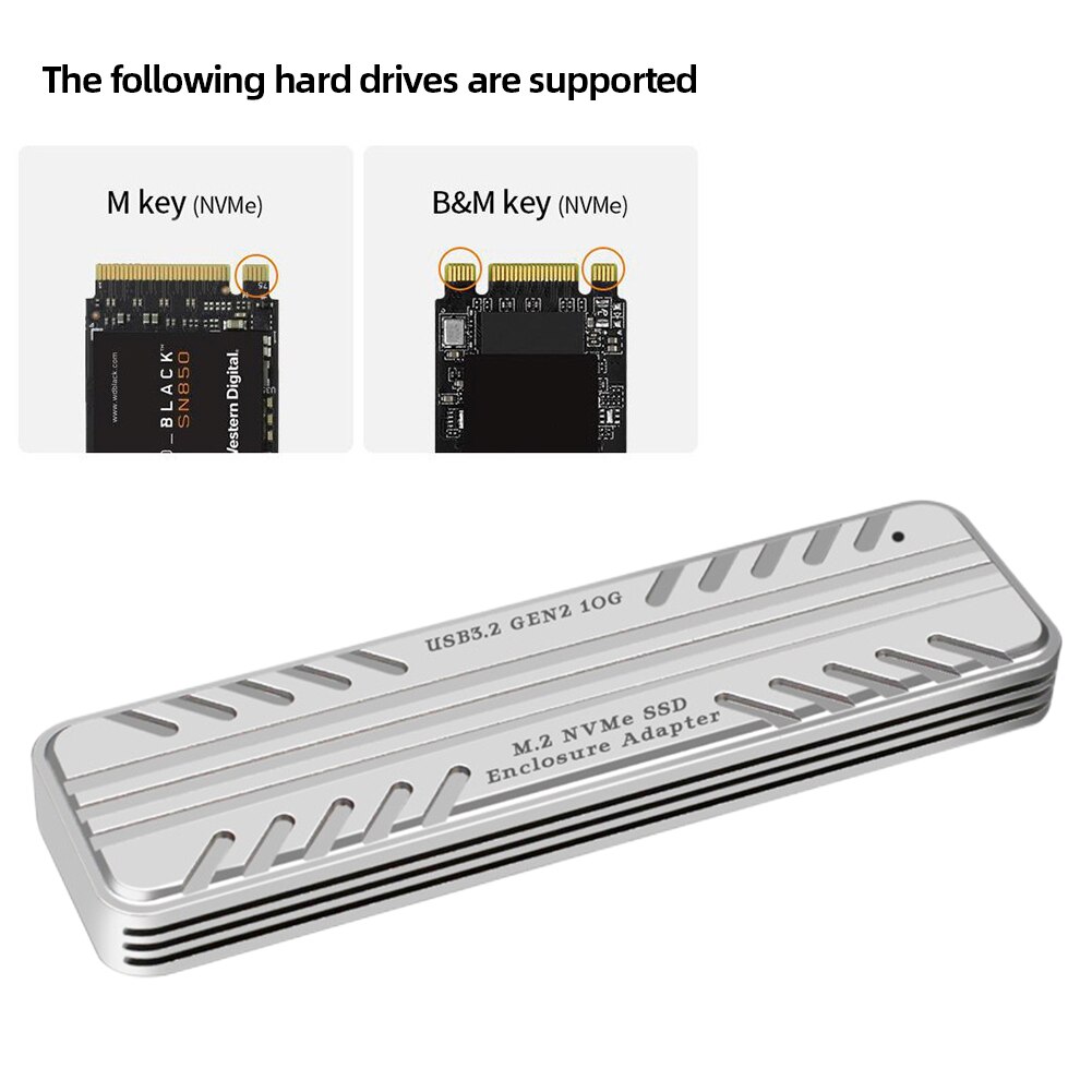 M.2 NVMe SSD 외장 하드 드라이브 케이스 10Gbps M2 PCIE NVME to USB 3.1 GEN2 Type-C 인클로저 하드 디스크 박스, 2280/2260/2242/2230 용